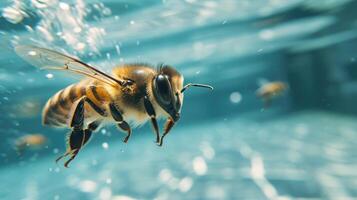 ai generado divertidísimo submarino escena abeja en piscina obras de teatro profundo bucear acción, ai generado. foto