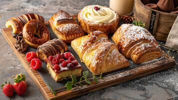 ai generado complacer en un delicioso Pastelería selección, celebrando gastrónomo indulgencia y culinario deleitar, ai generado foto