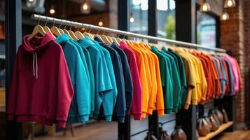 AI generated Colorful hoodies and sweatshirts hang on hangers in a clothing store, inviting warmth and style. Ai Generated. photo