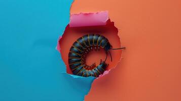 AI generated A humorous millipede peers through a ripped hole in a contrast pastel color paper background, Ai Generated photo