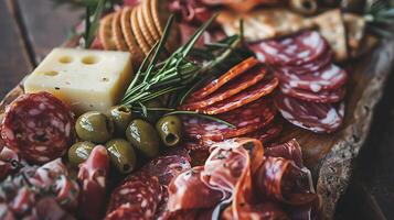 AI generated Deliciously Arranged Charcuterie Board Shines in Soft Natural Light Against Rustic Background photo