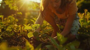 AI generated Woman Embraces Nature Planting a Tree in Lush Garden Softly Illuminated by Natural Light photo