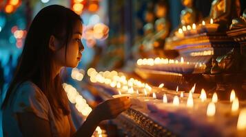 AI generated Woman Lights Candles at Buddhist Shrine Bathed in Soft Natural Light photo