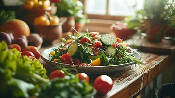 AI generated Rustic Salad Plating Colorful Vegetables and Greenery Bathed in Soft Natural Light photo