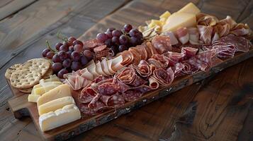 AI generated Exquisite Charcuterie Board Showcases Assorted Cheeses Meats and Fruits Against Rustic Backdrop Bathed in Soft Natural Light photo