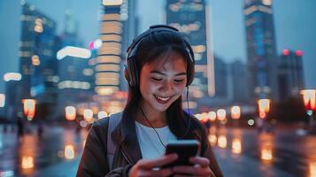 ai generado joven mujer disfruta música y tecnología a vistoso escritorio capturado en cerca arriba con 50 mm lente foto