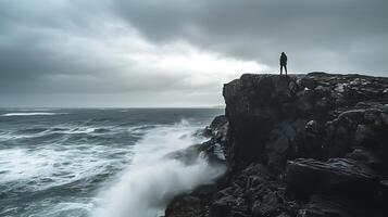 ai generado frente a el tormenta solitario figura soportes firma en rocoso acantilado con vista a turbulento Oceano foto