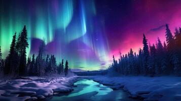AI generated Winter aurora paints a mesmerizing spectrum of colors across the night sky, Ai Generated. photo