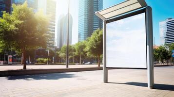 ai generado un vertical blanco blanco cartelera soportes a un autobús detener en un ciudad calle, ofrecimiento publicidad espacio. ai generado foto