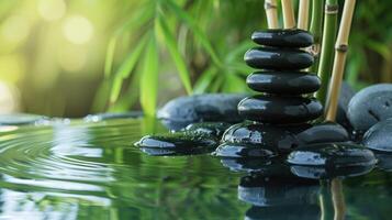 ai generado zen piedras formar un sereno pirámide en agua, un símbolo de equilibrar y tranquilidad en de la naturaleza abarcar. ai generado foto