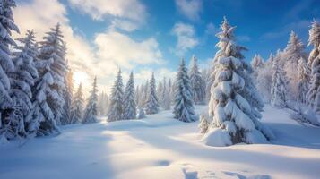 AI generated Enchanting winter landscape with trees cloaked in snow, a serene forest adorned in nature's white attire. Ai Generated photo