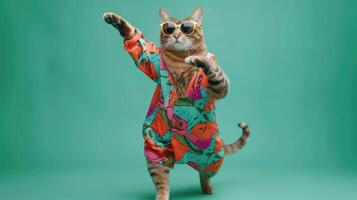 AI generated Playful cat in vibrant attire and sunglasses dances on a green background. Ai Generated photo