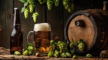 AI generated Glass of beer accompanied by a barrel, bottle, and fresh hops, creating a captivating still-life scene. Ai Generated. photo