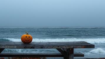 AI generated A single spooky Jack O Lantern pumpkin, evoking Halloween chills, Ai Generated photo