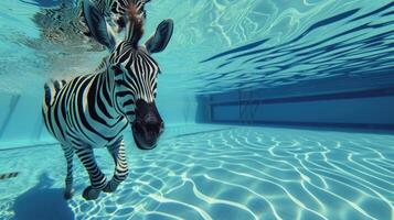 AI generated Hilarious underwater scene zebra in pool plays deep dive action, Ai Generated. photo