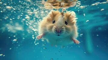 AI generated Hilarious underwater scene hamster in pool plays deep dive action, Ai Generated. photo