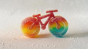 AI generated Realistic gummy candy shaped like a desk bicycle, featuring three colors, elastic texture, and sugar sprinkle, Ai Generated photo