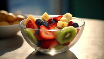 ai generado frescura y sano comiendo en un Fruta ensalada generado por ai foto