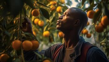 AI generated One man harvesting ripe tomatoes on a farm generated by AI photo