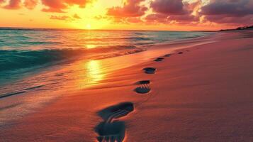 AI generated footprints adorn tropical beach at sunset, Ai Generated. photo