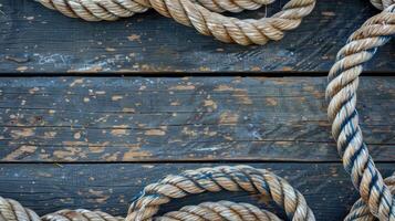 AI generated Nautical background featuring a rope shaped as a circle on a wood backdrop. Ai Generated. photo