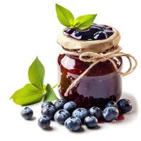 AI generated Sumptuous blueberry jam marmalade jelly preserves in a glass jar, accompanied by fresh blueberries, presented on a clean white backdrop, Ai Generated. photo