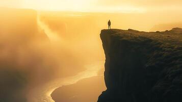 AI generated Embracing Change Dawn Silhouette Overlooking Misty Valley Radiates Resilience and Hope photo