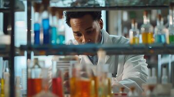 AI generated Scientist Engages in Precise Experiment Pouring Liquid into Beaker Amid Lab Equipment photo