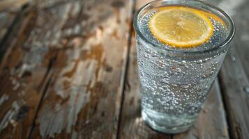 AI generated Refreshing Sparkling Water and Lemon in Soft Light on Wooden Table photo