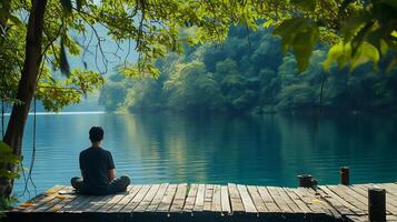 AI generated Serene Lakeside Scene Embracing Tranquility Sunlight and Mindful Contemplation photo