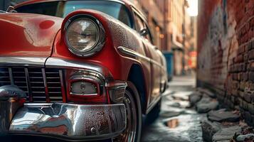 ai generado Clásico rojo coche brilla en urbano callejón capturado en de cerca con 50 mm lente foto