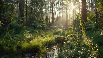 AI generated Sunlight Filters Through Lush Green Forest Casting Dappled Shadows on Forest Floor photo