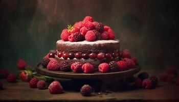 AI generated Fresh berry dessert on wooden table, indulgent and sweet generated by AI photo