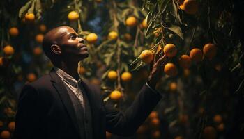 AI generated Successful businessman enjoying fresh fruit in autumn outdoors generated by AI photo