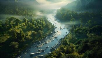 AI generated Tranquil meadow, flowing river, majestic mountain, serene beauty generated by AI photo