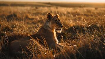 ai generado majestuoso leona toma el sol en puesta de sol resplandor capturado en amplio Disparo con 200 mm lente foto