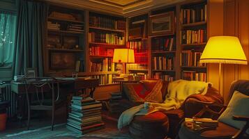 ai generado tranquilo momento joven mujer con libro y cobija por suave hogar ligero foto