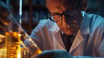 AI generated Scientist Examines Glowing Test Tube in Laboratory Setting with Books and Equipment photo