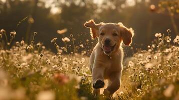 ai generado dorado perdiguero perrito juegos mediante iluminado por el sol flor silvestre campo en amplio 50 mm lente Disparo foto