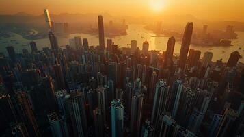 ai generado bullicioso ciudad horizonte brilla a puesta de sol capturado desde elevado perspectiva con telefotográfico lente foto