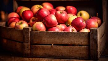 ai generado frescura de maduro manzanas en de madera caja en otoño generado por ai foto