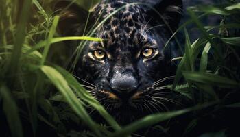 ai generado majestuoso Tigre ocultación en el tropical selva generado por ai foto