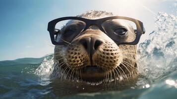 ai generado elegante sello rocas Gafas de sol, ai generado foto