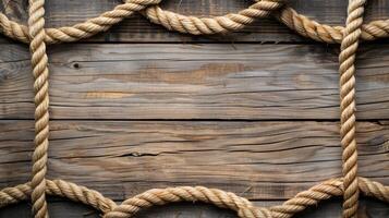 AI generated Nautical background featuring a rope shaped as a circle on a wood backdrop. Ai Generated. photo