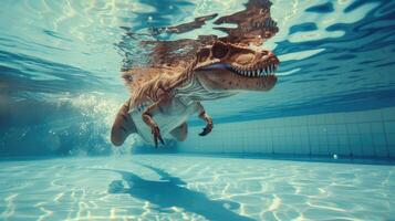 AI generated Hilarious underwater scene dinosaur in pool plays deep dive action, Ai Generated. photo