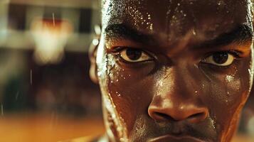 AI generated Intense Basketball Player Focuses on Free Throw Sweat Dripping Crowd Blurred in the Background photo