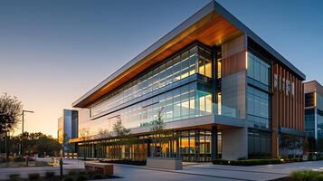 AI generated Contemporary Office Building Glows in Sunrise Light Captured with Wide Angle Lens photo