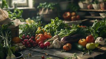 ai generado delicioso charcutería tablero desplegado en rústico mesa con clasificado quesos carnes aceitunas y artesanal un pan foto