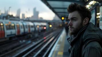 AI generated Urban Commuter Waits on Train Platform Amidst Bustling City Scene Train in Background photo