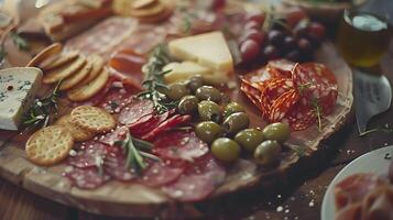 AI generated Artfully Arranged Charcuterie Board with Cheeses Meats and Fruits Bathed in Soft Natural Light photo